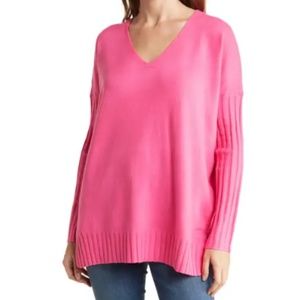 French Connection Ribbed Sleeve V-Neck Sweater - Prosecco Pink - NWT